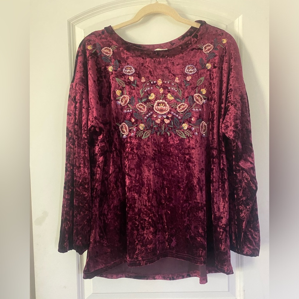 Oddy Crushed Velvet look Emb Top Women  Boho Maroon/Burgundy. Size S fits like L